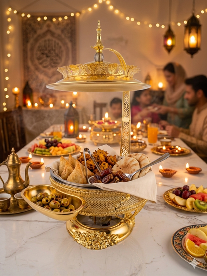 Premium Royal Gold Filigree Chafing Dish with Integrated Spoon Rest and Serving Utensils