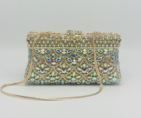 Luxury Gold Crystal Clutch Bag with Floral Rhinestone Detailing