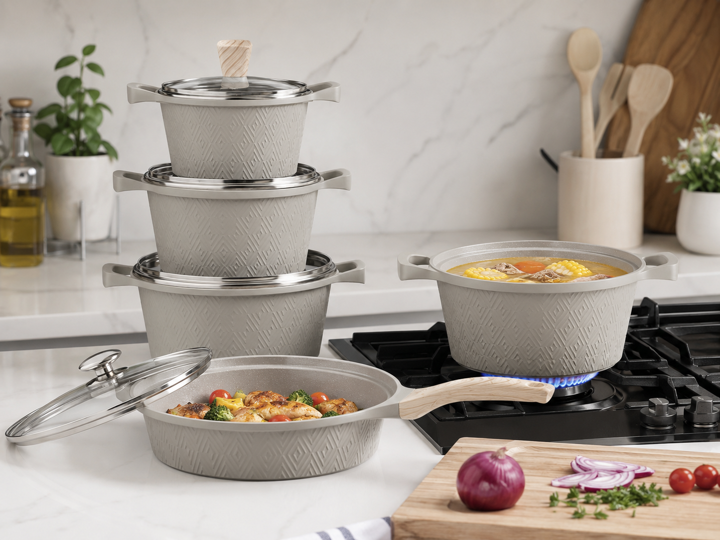 DONNOR Nonstick Cookware Set with Glass Lids & Wood-Style Handles – Premium Aluminum Cooking Pot & Fry Pan Set