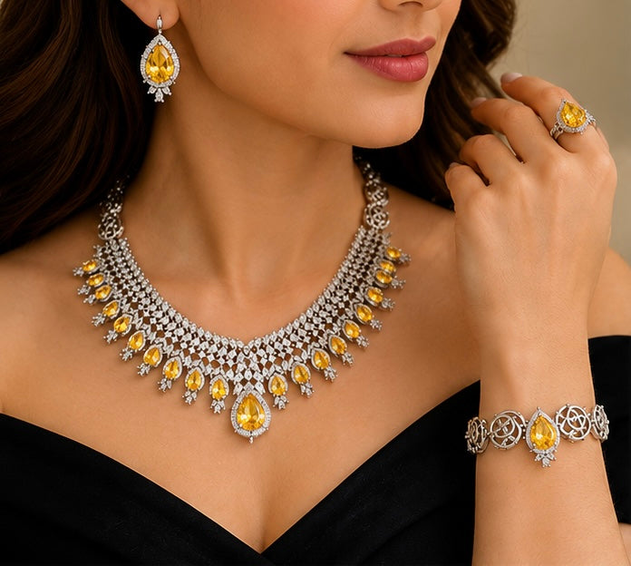 Luxury Silver Crystal Jewelry Set with Yellow Pear-Cut Stones – Statement Necklace, Bracelet & Ring Collection