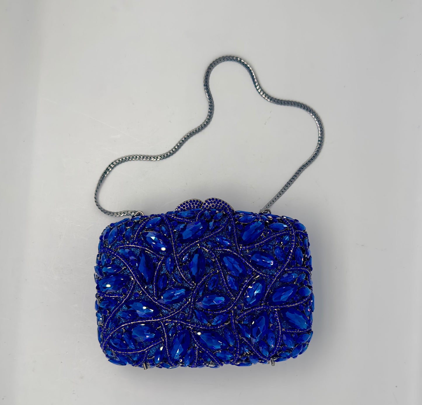 Luxury Sapphire Blue Crystal Clutch Bag with Chain Strap
