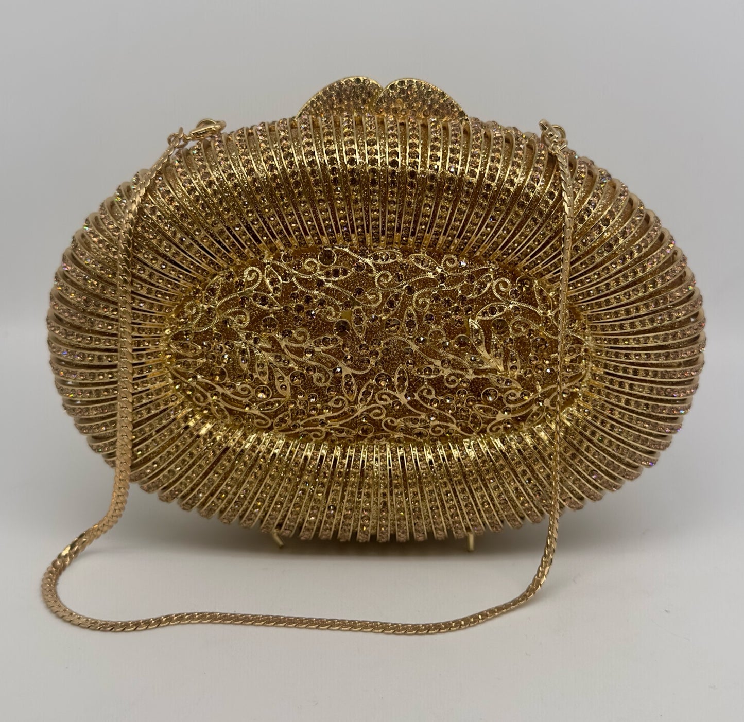 Luxury Golden Oval Crystal Clutch with Chain Strap