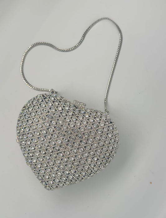 Luxury Heart Crystal Clutch Bag - Silver Sparkle