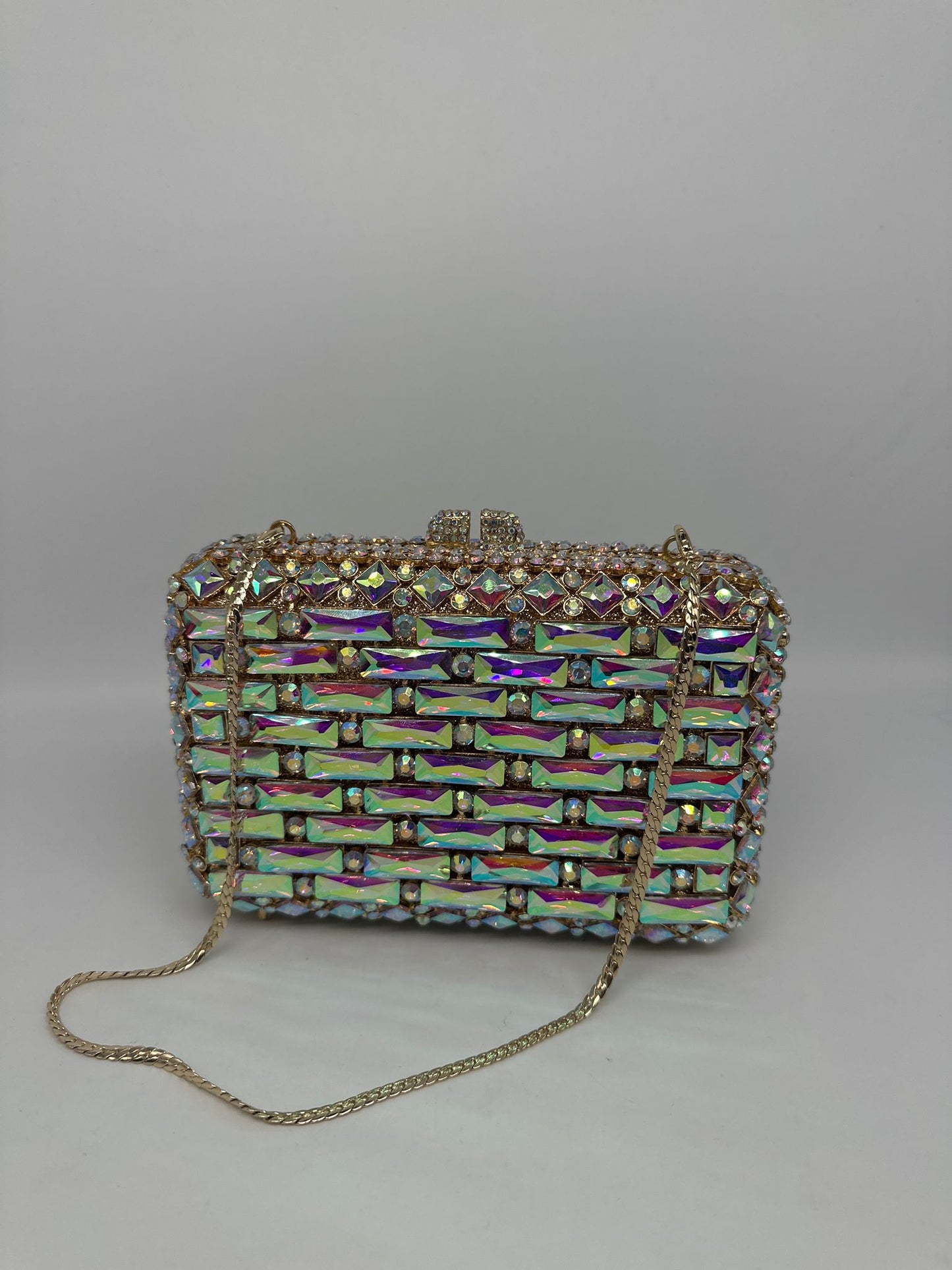 Luxury Multicolor Rhinestone Clutch Bag with Gold Chain