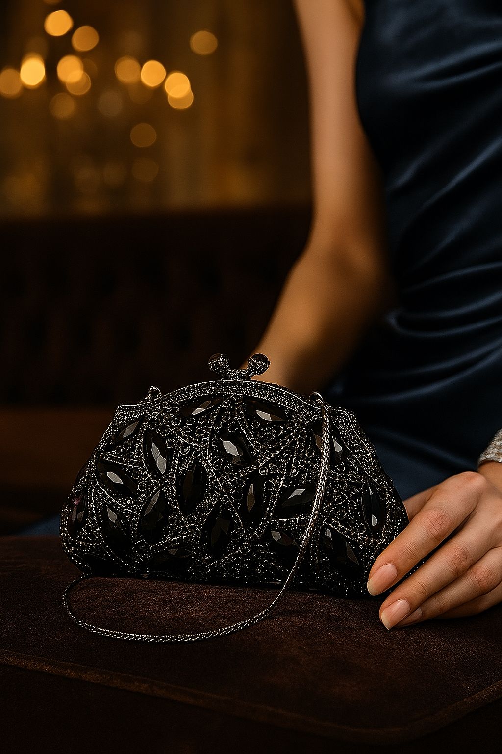 Luxury Black Crystal Embellished Evening Clutch Bag