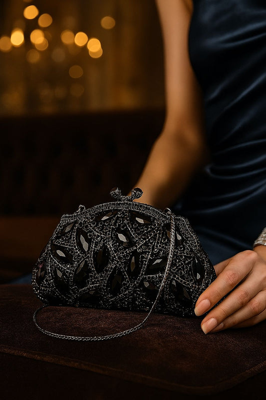 Luxury Black Crystal Embellished Evening Clutch Bag