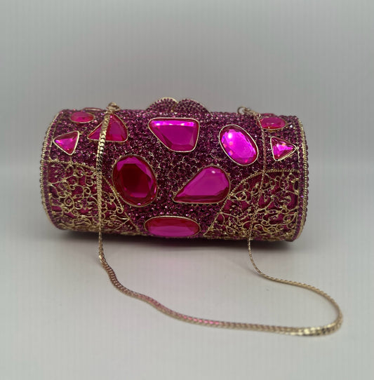 Luxury Multicolor Crystal Cylinder Clutch Bag with Gold Detailing