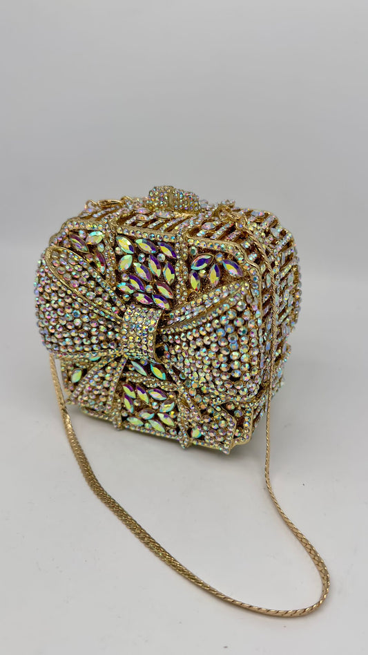 Luxury Golden Rhinestone Gift Box Clutch Bag