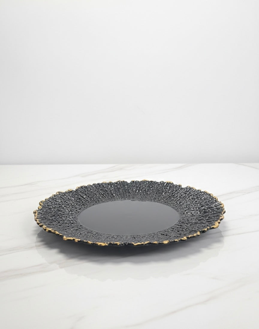 13" Black Sunburst Glass-Look Decorative Charger Plate with Gold Scalloped Rim – Set of