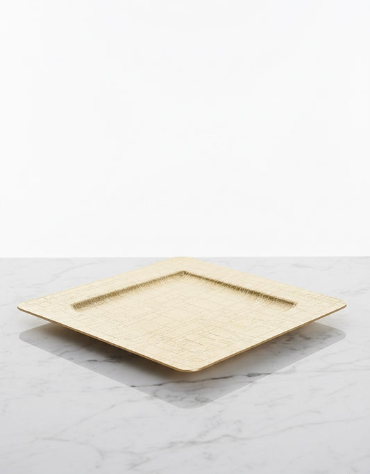 13" Square Metallic Gold Textured Plastic Charger Plate – Elegant Crosshatch Decorative Serving Platter for Weddings, Parties, and Fine Dining