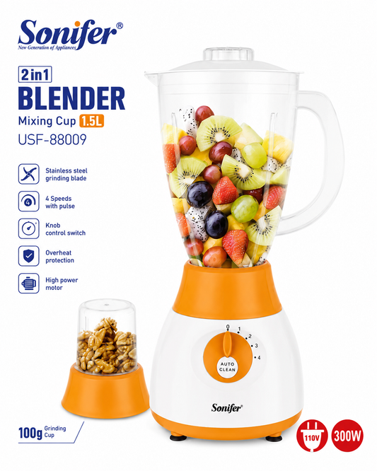 Sonifer 2-in-1 1.5L Blender & Grinder with 4-Speed Control and Pulse (USF-88009, 300W)