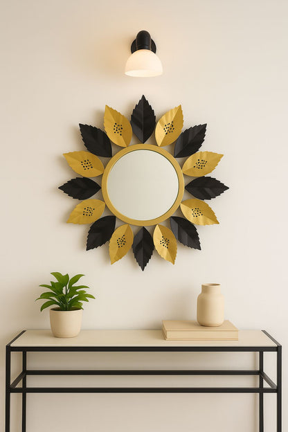 Sunflower Leaf Metal Wall Mirror – 29" Diameter
