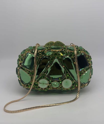 Luxury Crystal Jeweled Clutch Bag with Gold Chain – Green, Silver, Gold Variants