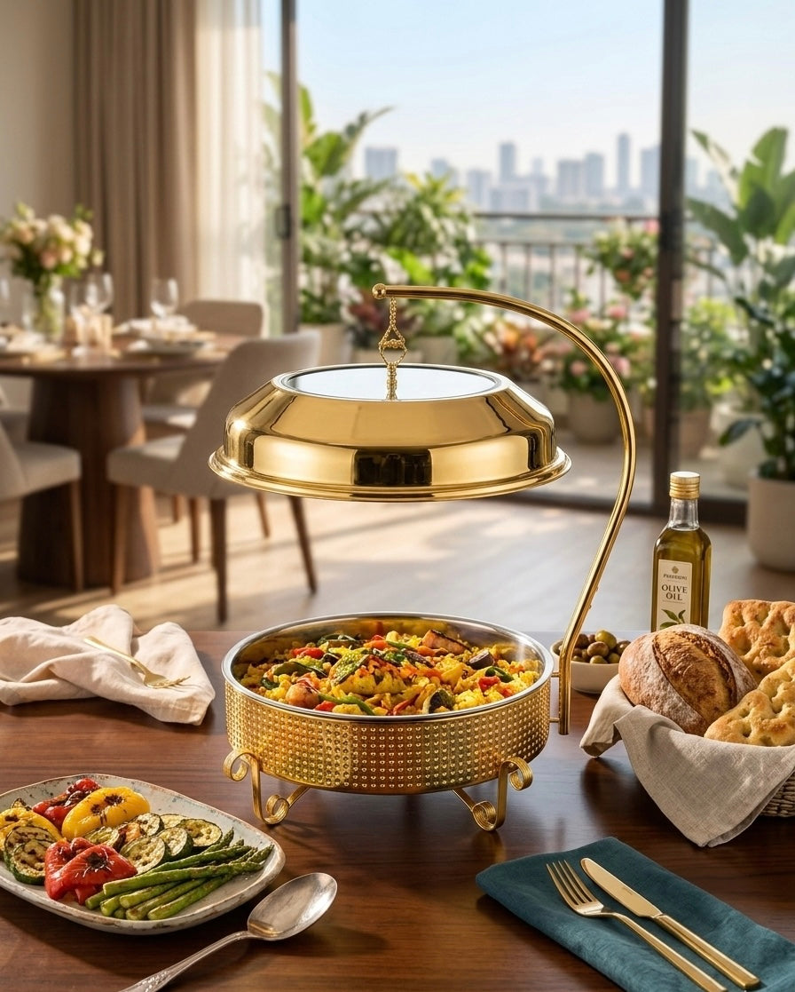 Ornate Golden Chafing Dish with Filigree Frame