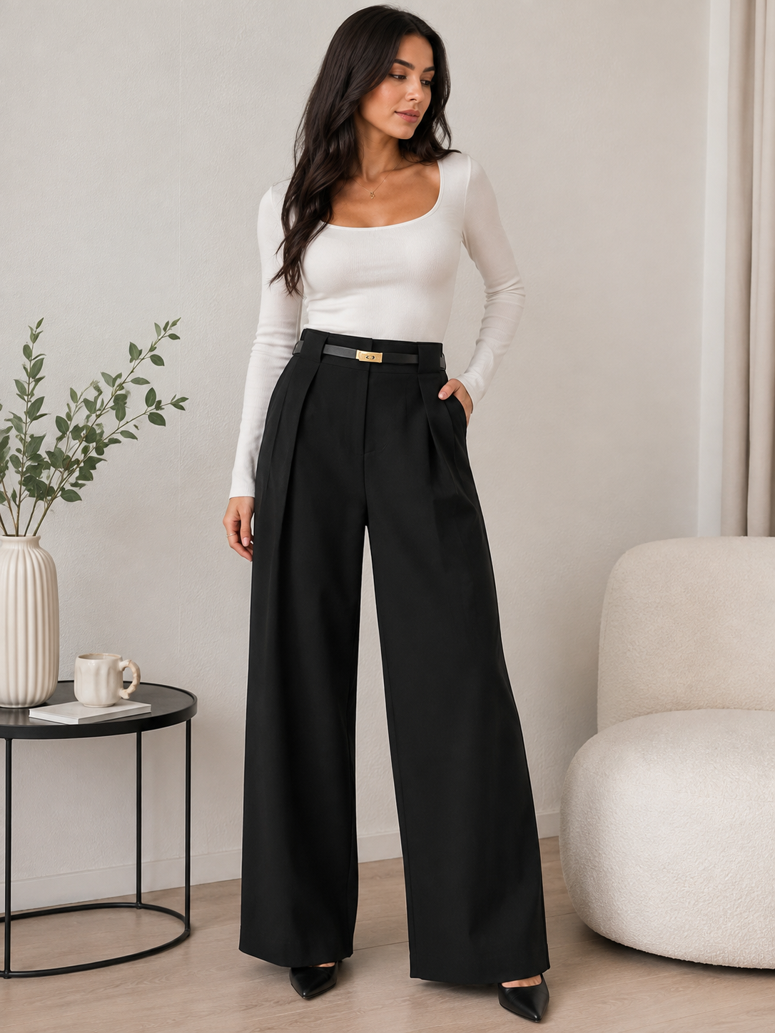 Women’s Black High-Waisted Wide Leg Pants with Belt – Elegant Pleated Trousers