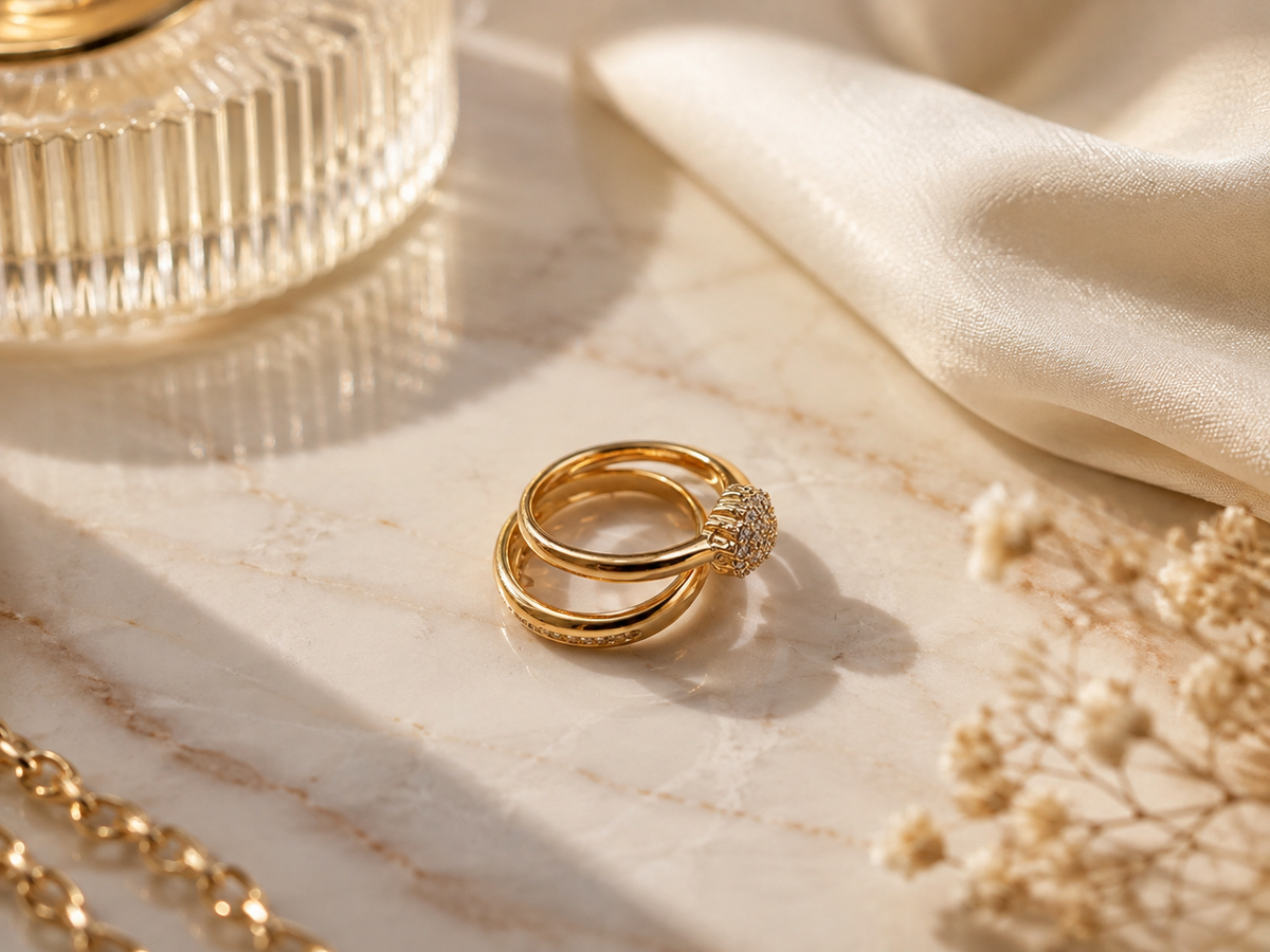 Elegant Gold-Tone Double Band Crystal Ring – Size 7,9