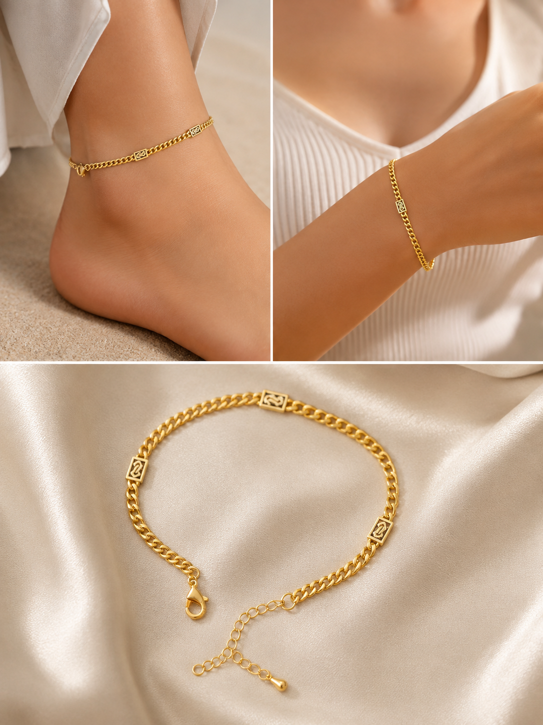 Elegant Gold Charm Anklet & Hand Bracelet for Women | Adjustable 2-in-1 Jewelry
