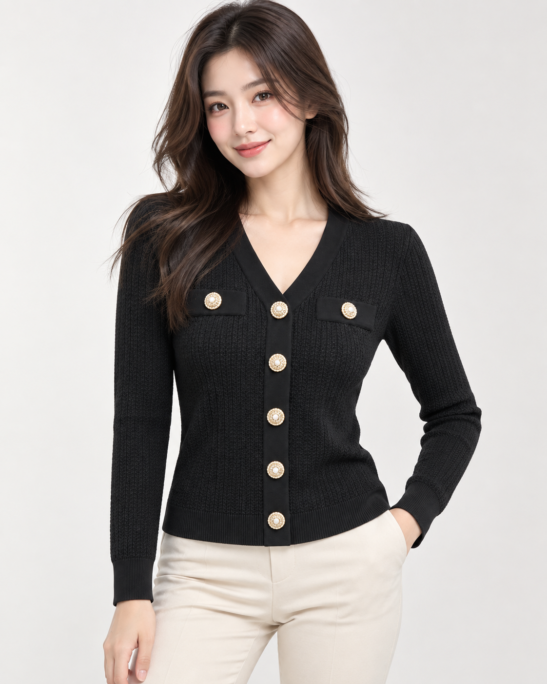 Women’s Black Ribbed Knit V-Neck Cardigan Top with Pearl Gold-Tone Buttons