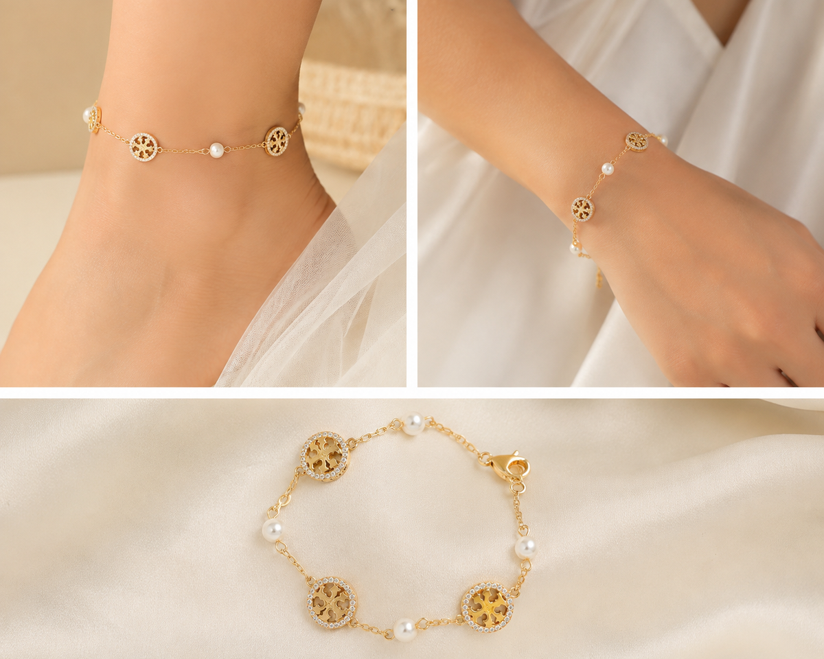 Elegant Gold Charm Anklet & Hand Bracelet for Women | Adjustable 2-in-1 Jewelry