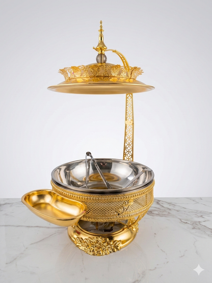 Premium Royal Gold Filigree Chafing Dish with Integrated Spoon Rest and Serving Utensils