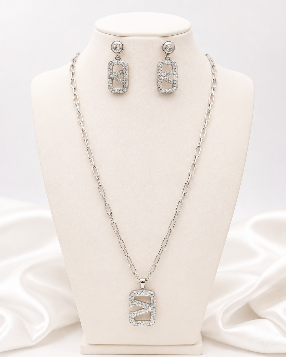 Luxury Silver Crystal Geometric Pendant Necklace and Earrings Set