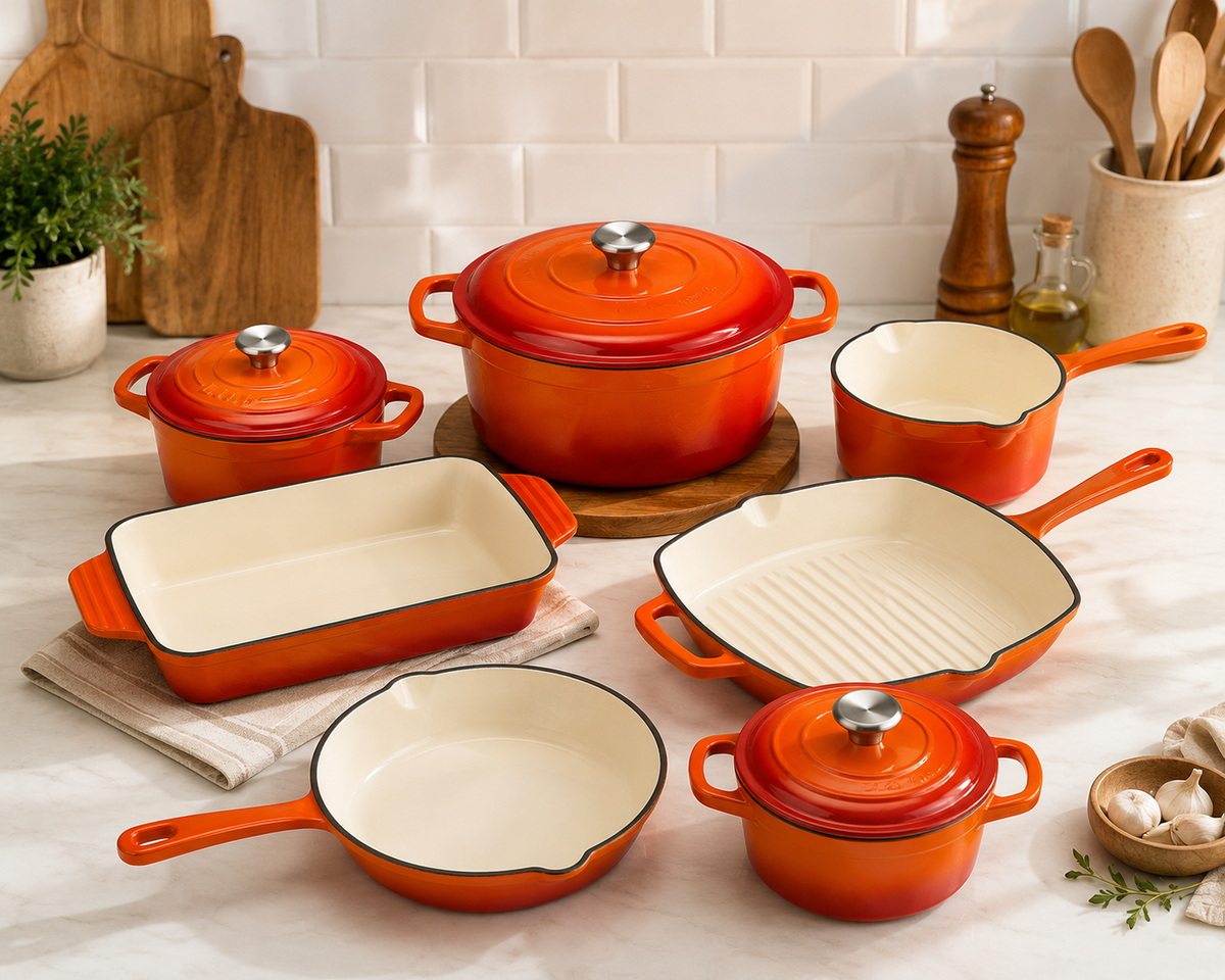 Premium 11-Piece Enameled Cast Iron Cookware Set Dutch Oven, Casseroles, Skillet, Grill Pan, Saucepan & Baking Dish