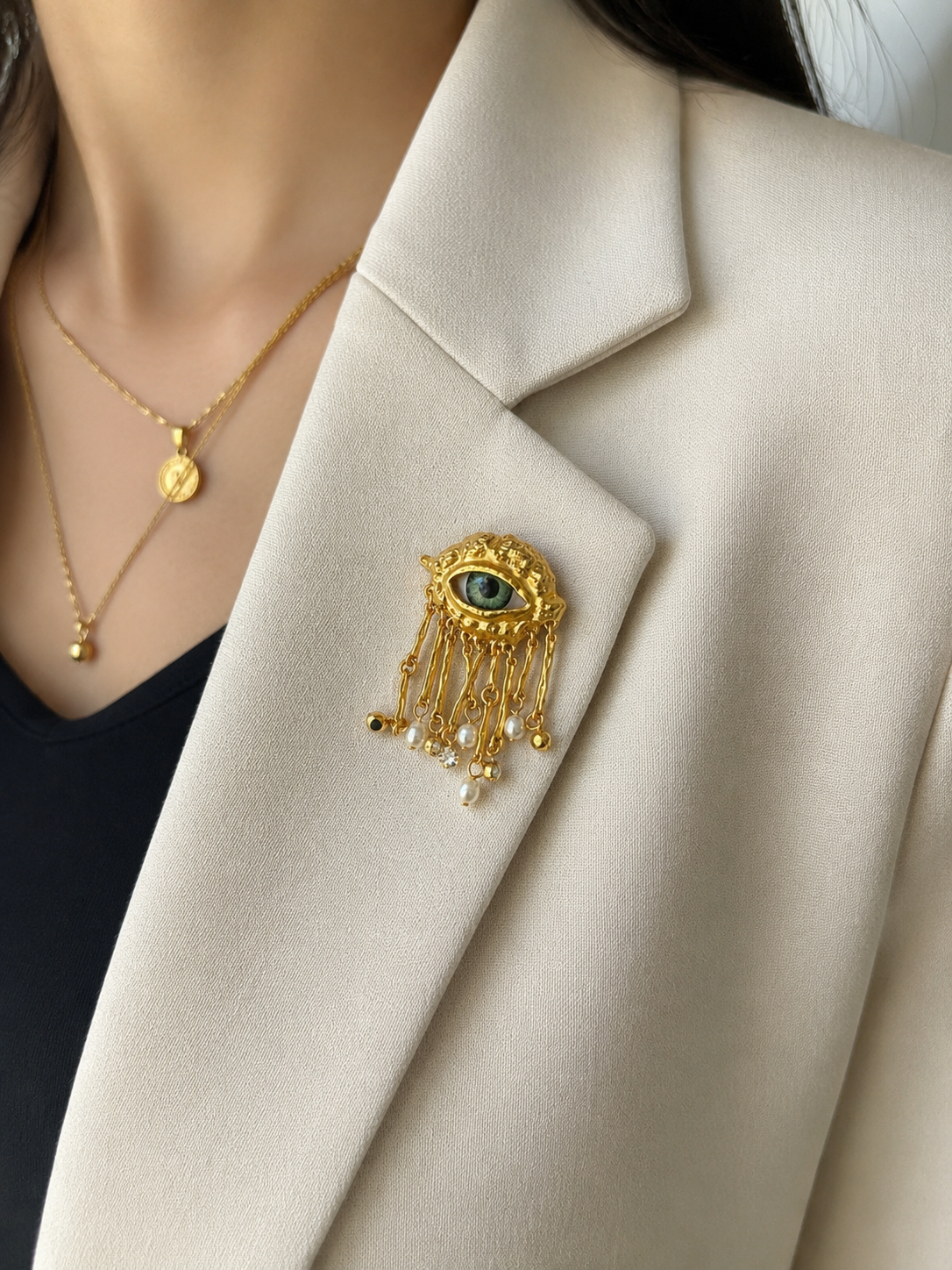 Luxury Evil Eye Gold Jewelry Set – Layered Necklaces, Bracelet, Earrings & Brooch with Pearl Tassels