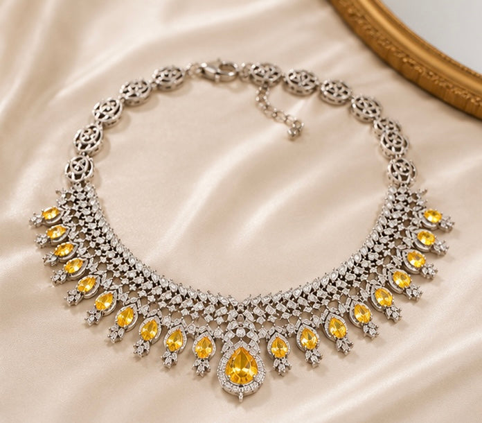 Luxury Silver Crystal Jewelry Set with Yellow Pear-Cut Stones – Statement Necklace, Bracelet & Ring Collection
