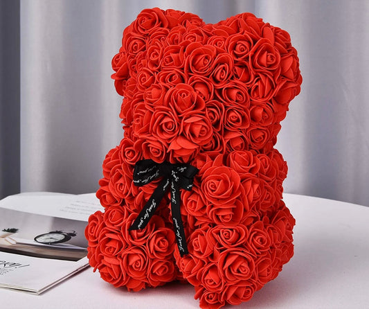 Artificial Red Rose Bear: The Perfect Long-Lasting Valentine’s Day Gift for Wife or Girlfriend – 25cm Luxury Flower Bear with Ribbon