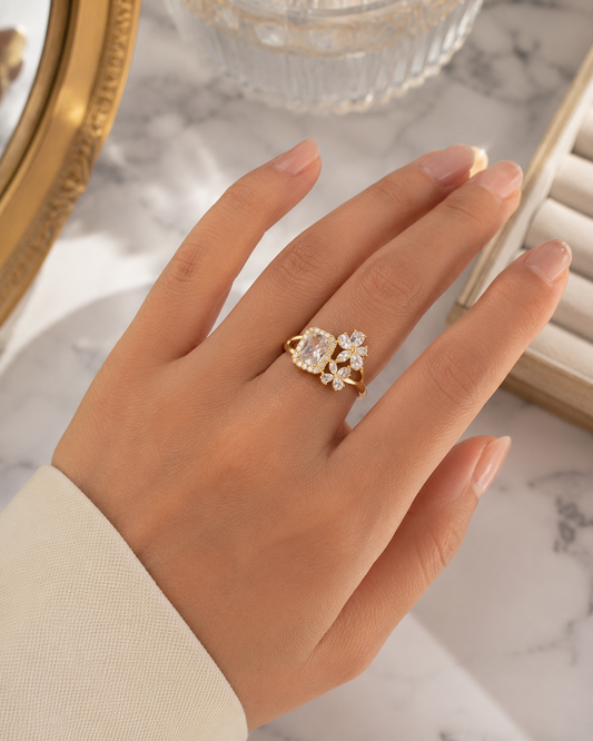 Gold-Plated Floral Crystal Statement Ring – Elegant Women’s Ring, Size 9