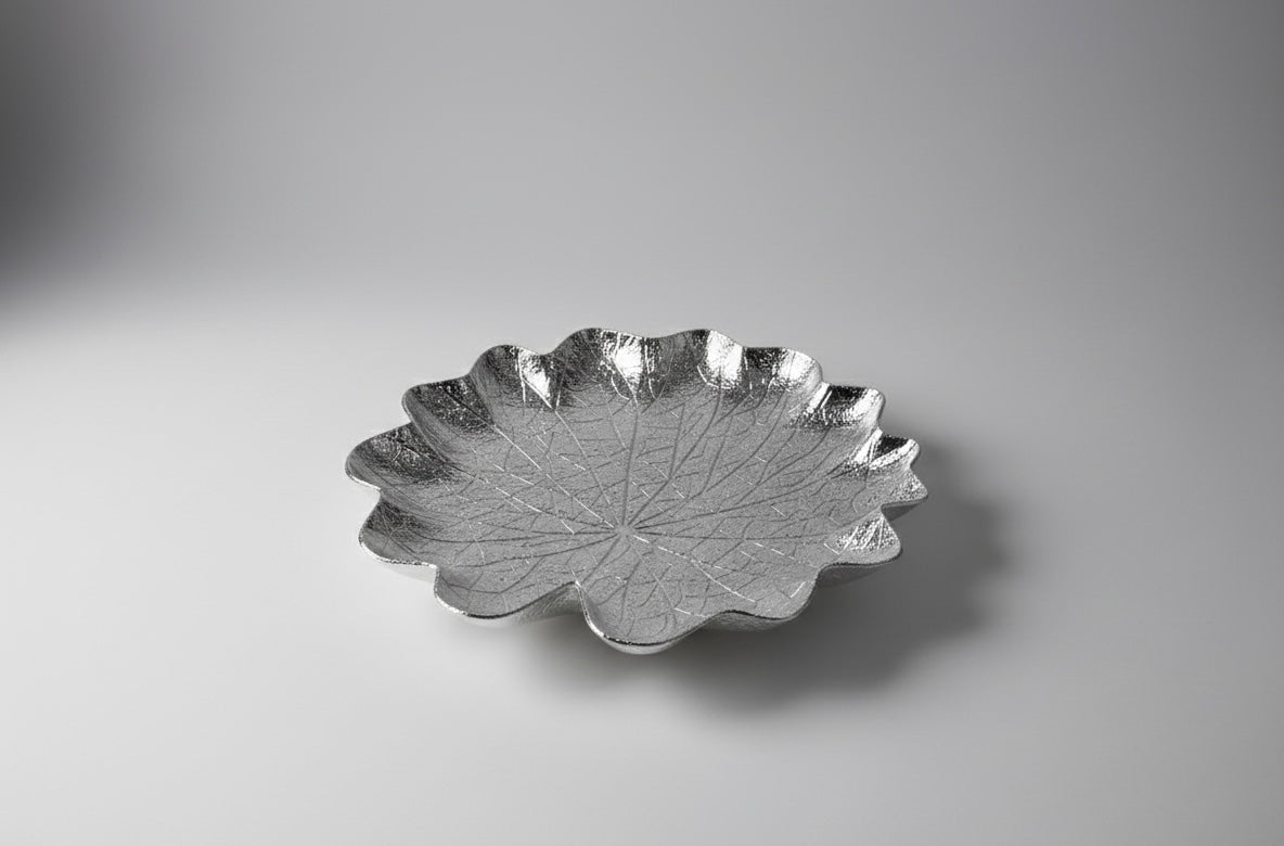 13" Lotus Leaf Decorative Tray | Metallic Gold & Silver Plastic Centerpiece Plate | Modern Textured Home Decor
