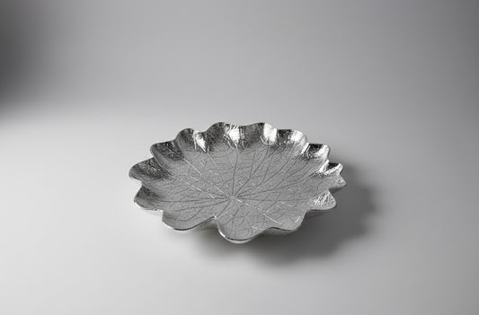 13" Lotus Leaf Decorative Tray | Metallic Gold & Silver Plastic Centerpiece Plate | Modern Textured Home Decor