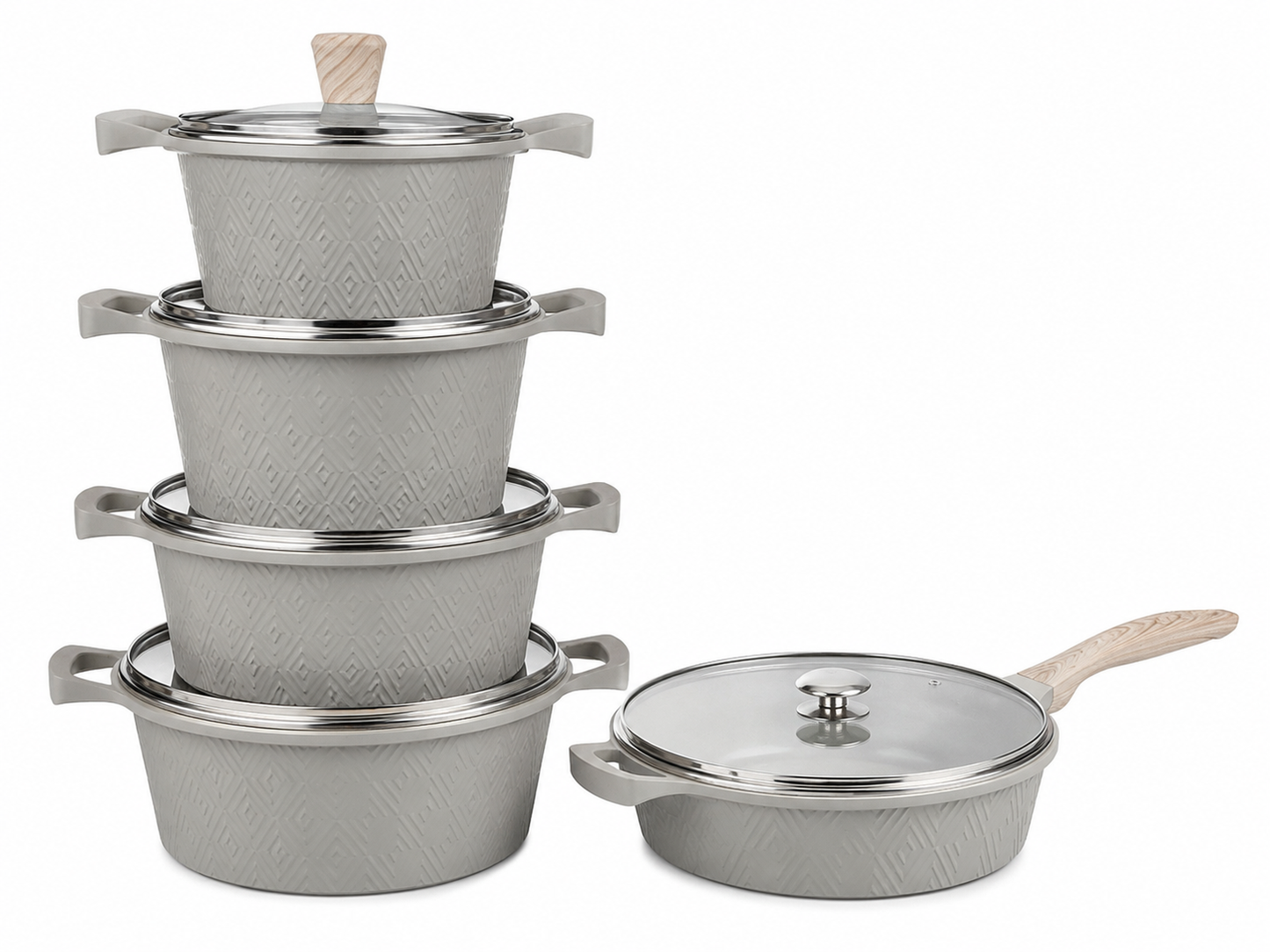 DONNOR Nonstick Cookware Set with Glass Lids & Wood-Style Handles – Premium Aluminum Cooking Pot & Fry Pan Set