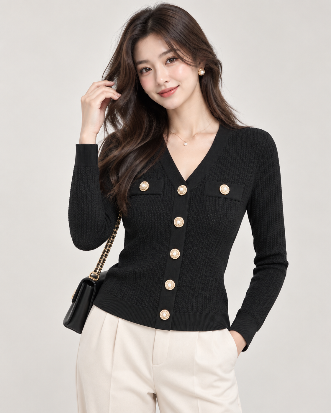 Women’s Black Ribbed Knit V-Neck Cardigan Top with Pearl Gold-Tone Buttons