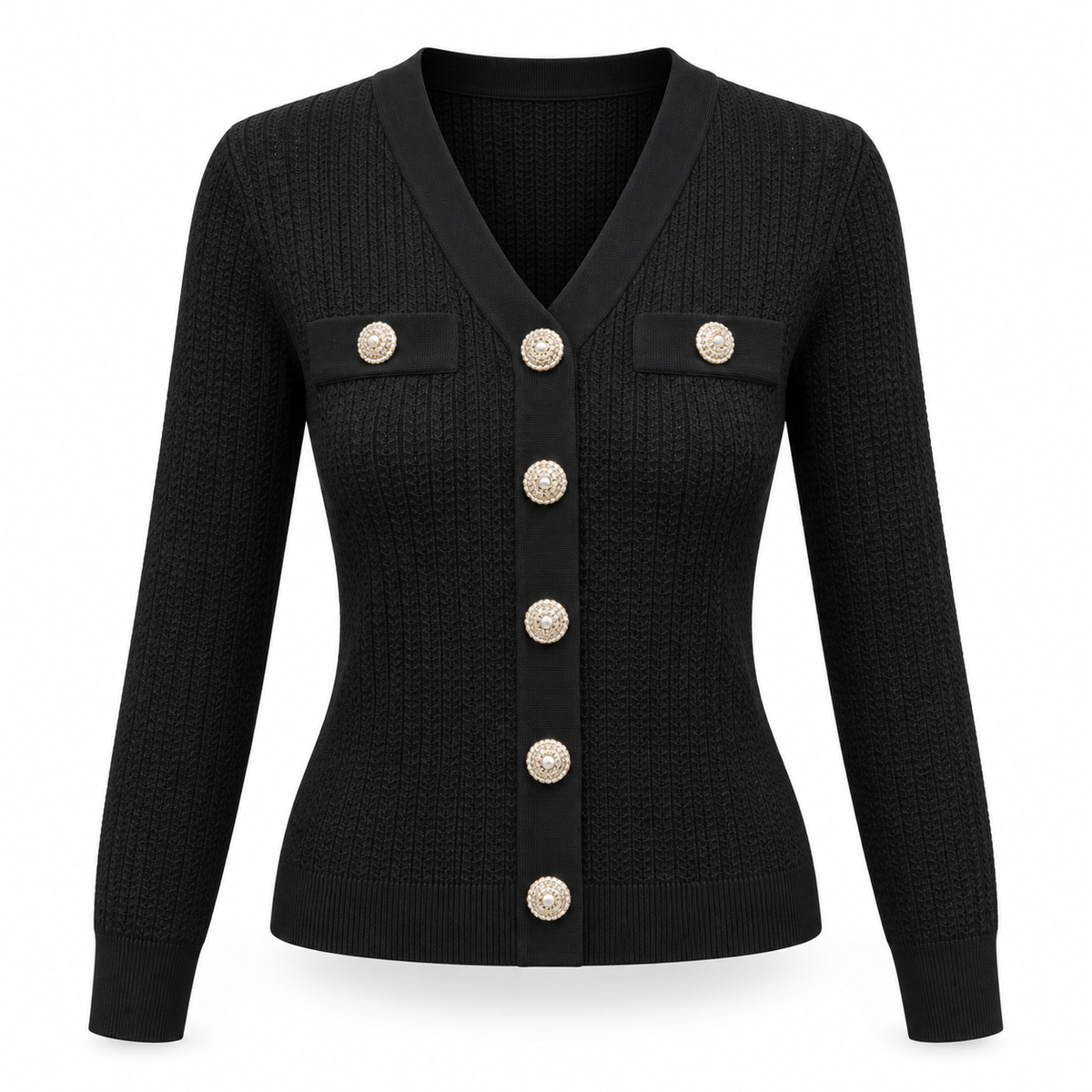Women’s Black Ribbed Knit V-Neck Cardigan Top with Pearl Gold-Tone Buttons