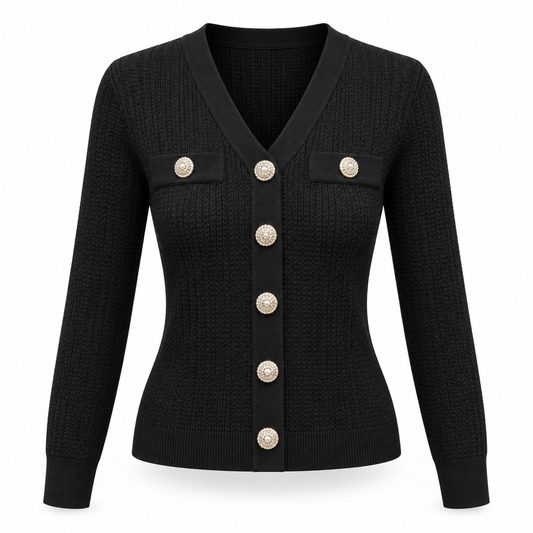 Women’s Black Ribbed Knit V-Neck Cardigan Top with Pearl Gold-Tone Buttons