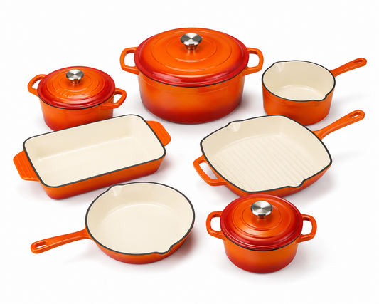 Premium 11-Piece Enameled Cast Iron Cookware Set Dutch Oven, Casseroles, Skillet, Grill Pan, Saucepan & Baking Dish
