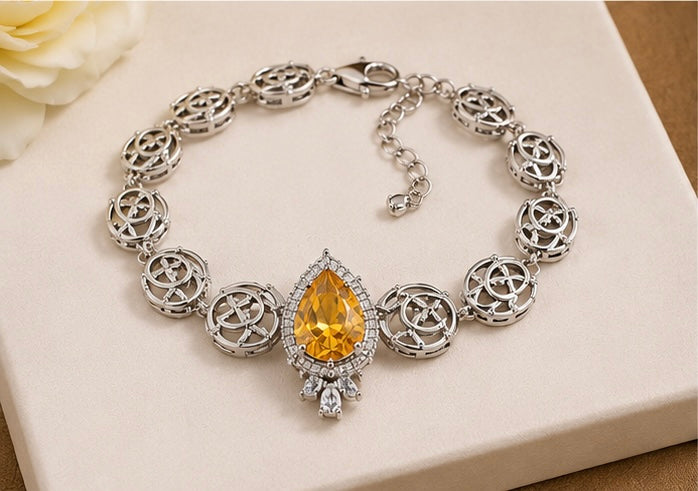 Luxury Silver Crystal Jewelry Set with Yellow Pear-Cut Stones – Statement Necklace, Bracelet & Ring Collection