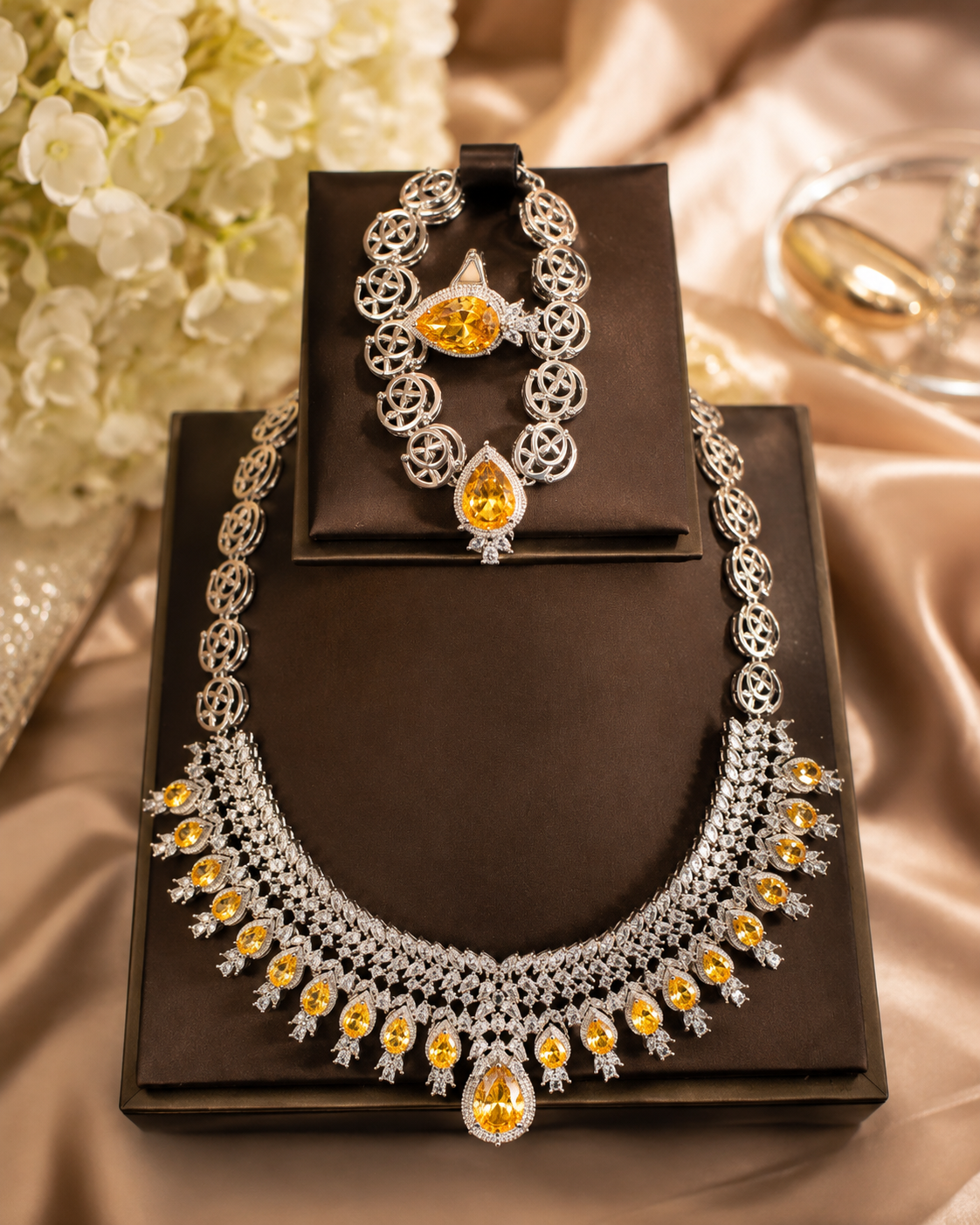 Luxury Silver Crystal Jewelry Set with Yellow Pear-Cut Stones – Statement Necklace, Bracelet & Ring Collection