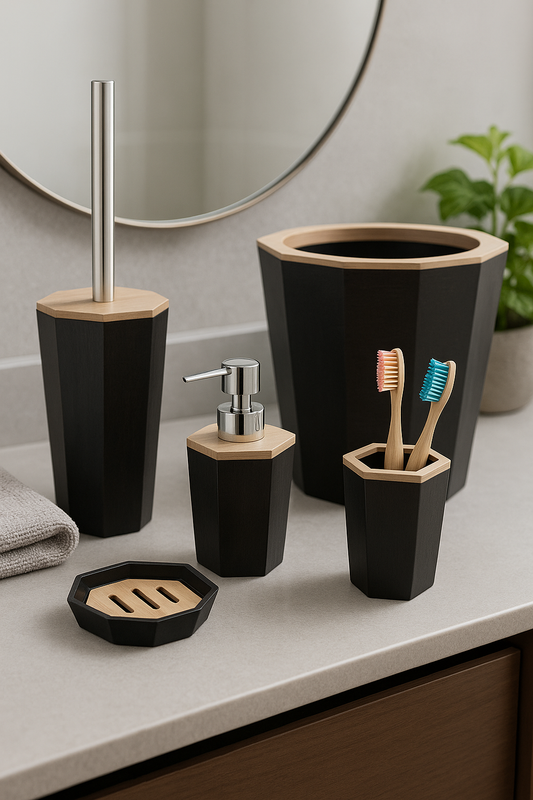 6-Piece Bathroom Accessory Set with Wooden Accents – Black and White Options