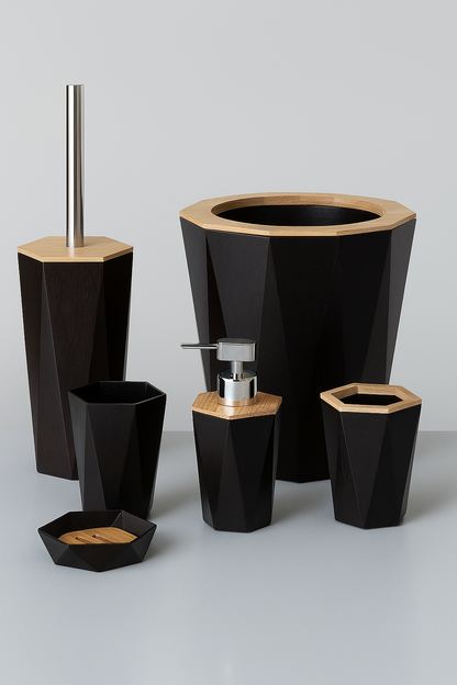 6-Piece Bathroom Accessory Set with Wooden Accents – Black and White Options