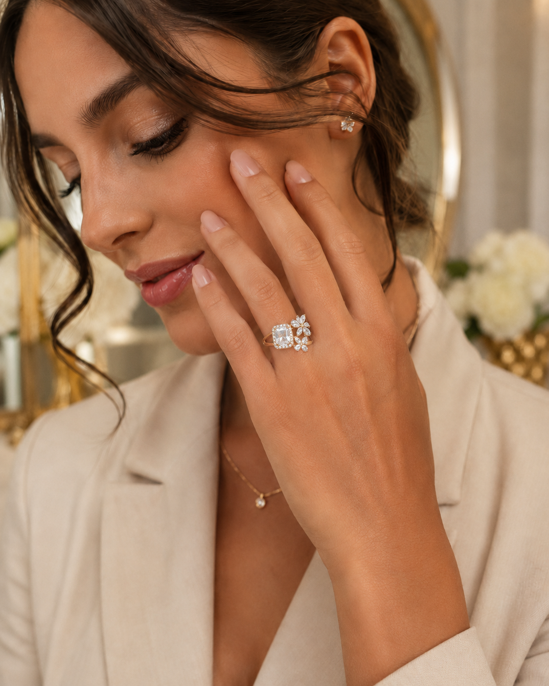 Gold-Plated Floral Crystal Statement Ring – Elegant Women’s Ring, Size 9