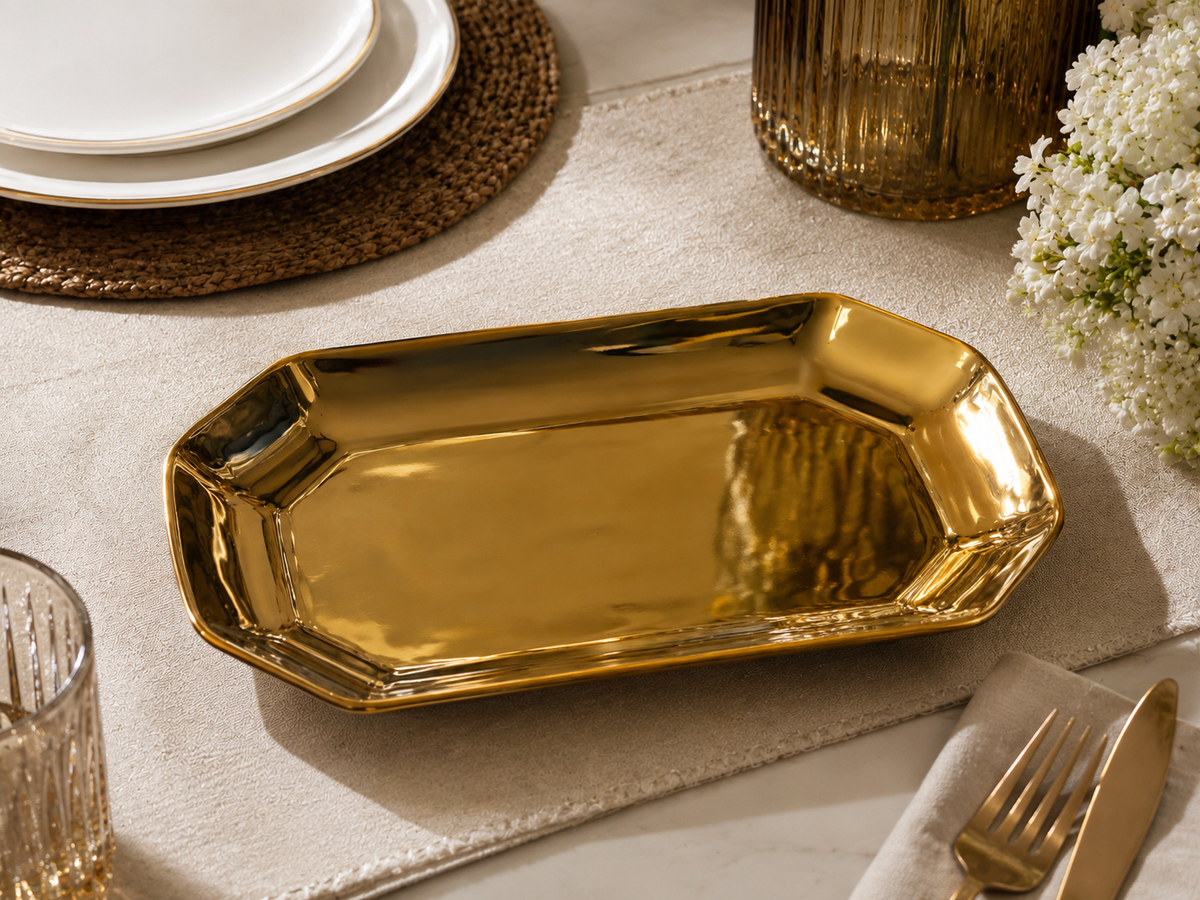 Luxury Gold Geometric Serving Platter – 30 × 14 cm | Decorative Serving Tray for Appetizers & Desserts