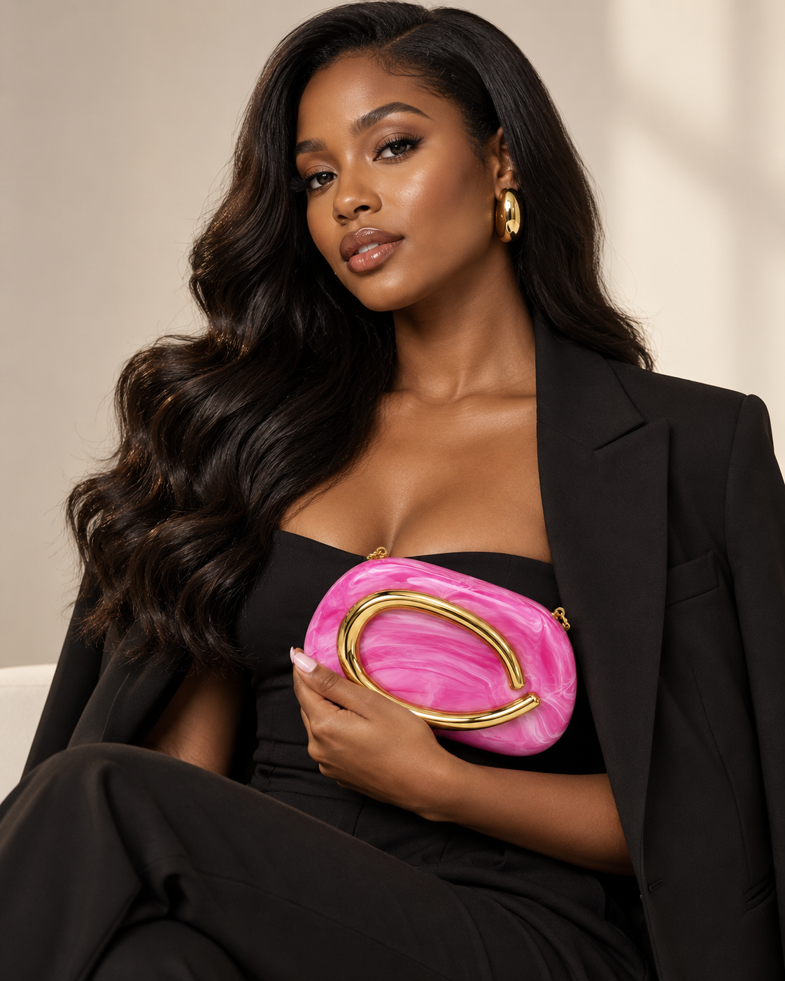 Marbled Hard-Shell Clutch Bag with Gold Handle & Chain Strap