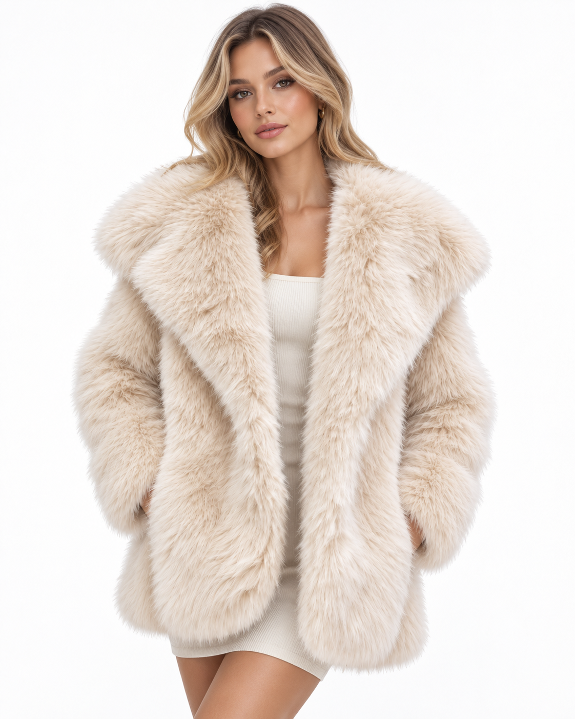 Women’s Cream Plush Fur-Style Coat – Luxe Oversized Winter Jacket