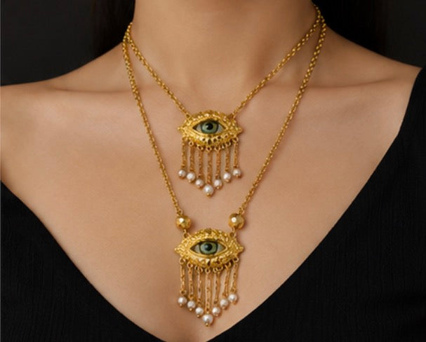 Luxury Evil Eye Gold Jewelry Set – Layered Necklaces, Bracelet, Earrings & Brooch with Pearl Tassels