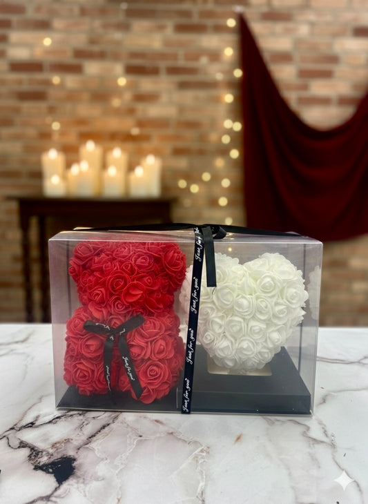 Luxury Red Rose Bear Gift Set in Clear Display Box – Handmade Eternal Flower Teddy Bear with Tweed Accessory – Perfect Valentine’s Day, Anniversary, or Birthday Gift for Her – Forever Rose Keepsake