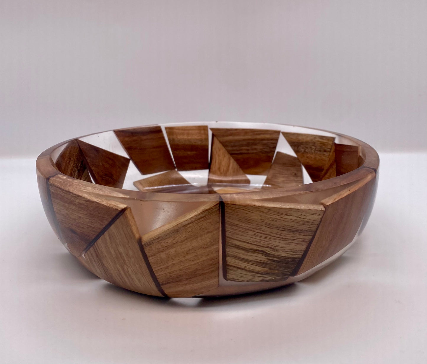 Handcrafted Segmented Wood and Clear Resin Bowl - 20cm Geometric Decorative Bowl