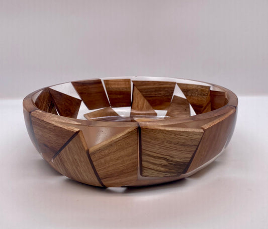 Handcrafted Segmented Wood and Clear Resin Bowl - 20cm Geometric Decorative Bowl