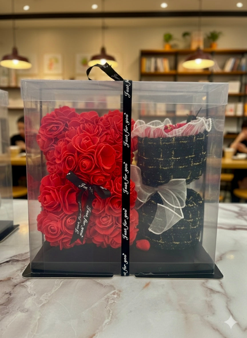Luxury Red Rose Bear Gift Set in Clear Display Box – Handmade Eternal Flower Teddy Bear with Tweed Accessory – Perfect Valentine’s Day, Anniversary, or Birthday Gift for Her – Forever Rose Keepsake